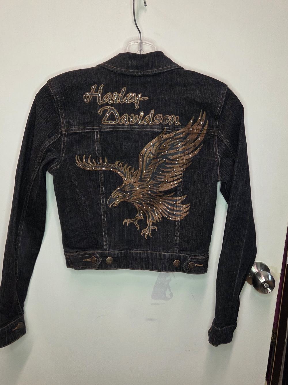 Harley Davidson Rhinestone Eagle Crop Denim Jacket McBling Womens